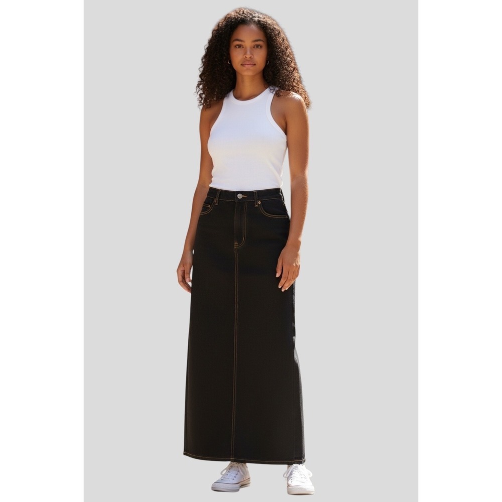Halfheart Black Contrast Stitch High Waist Maxi Column Skirt Back‎ Zip Medium